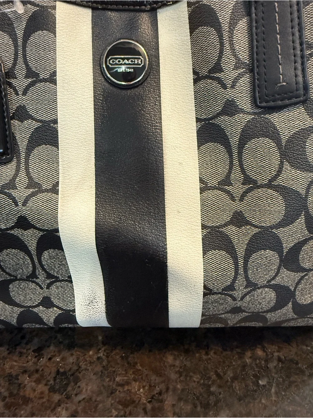 Coach Gray and Black Signature Stripe Tote